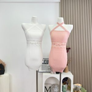 M900 Cross Halter Knit Dress Women Summer Lace Waist Slimming Pure Desire Style Bodycon Short Dress