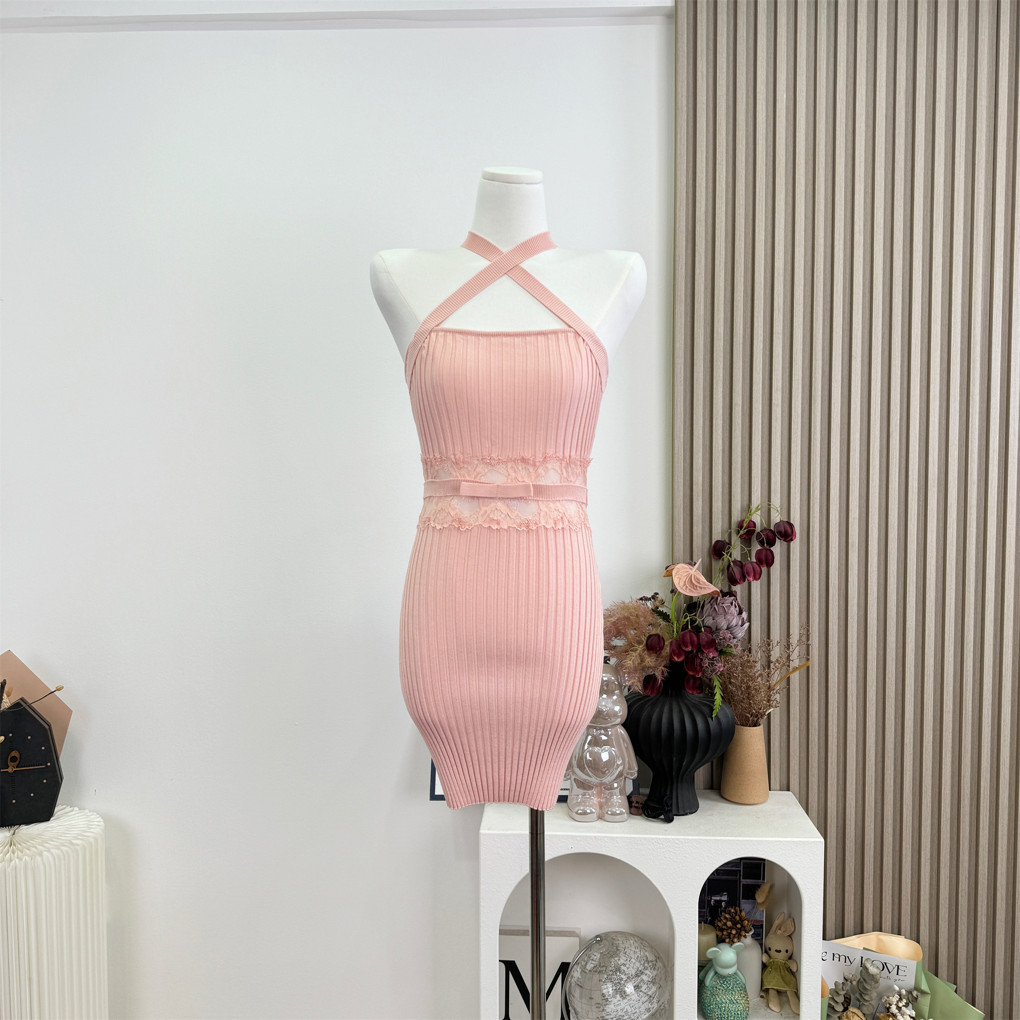 M900 Cross Halter Knit Dress Women Summer Lace Waist Slimming Pure Desire Style Bodycon Short Dress - Image 4