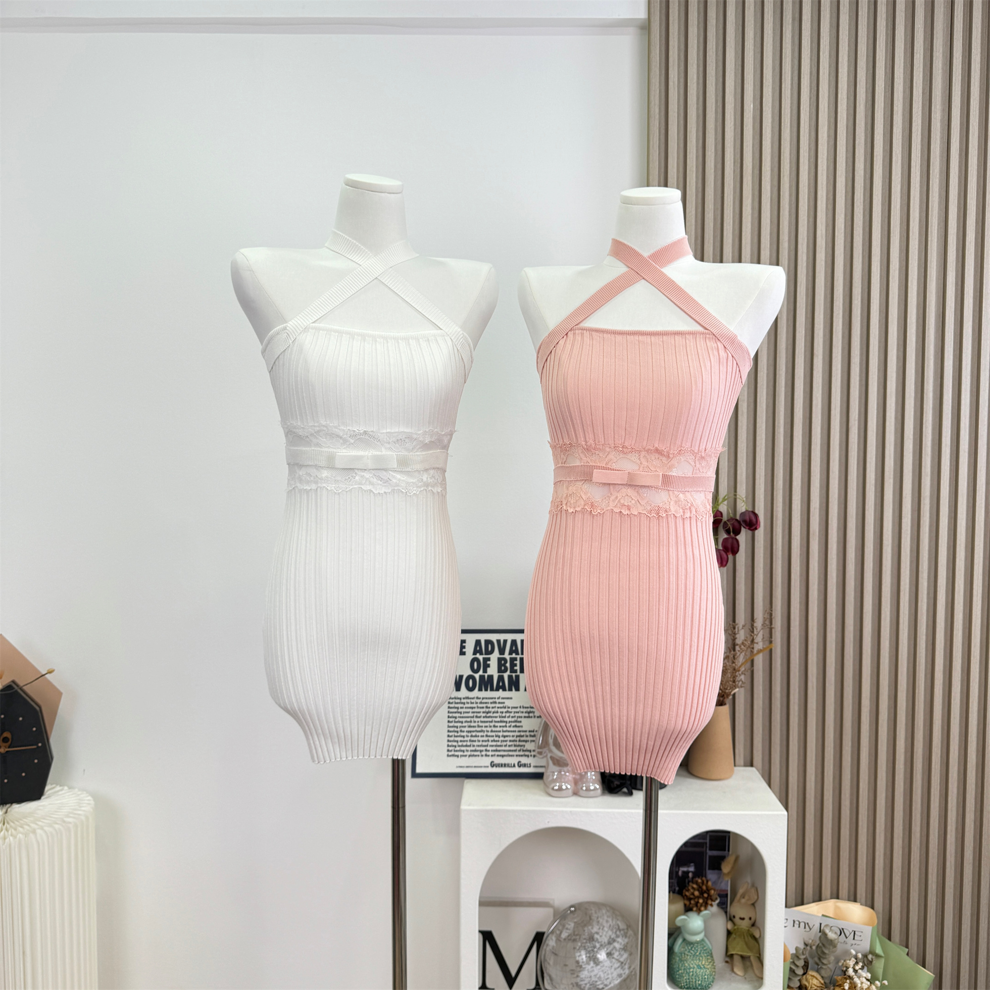 M900 Cross Halter Knit Dress Women Summer Lace Waist Slimming Pure Desire Style Bodycon Short Dress - Image 5