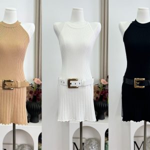 Women's Knitted Halter Neck Pleated Dress with Belt - Sexy Off-Shoulder Summer Dress