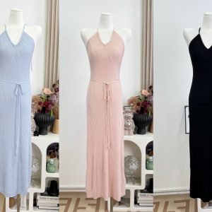 DFAY Three-Color Extended Knit Tencel Wool Halter Long Dress for Women Summer
