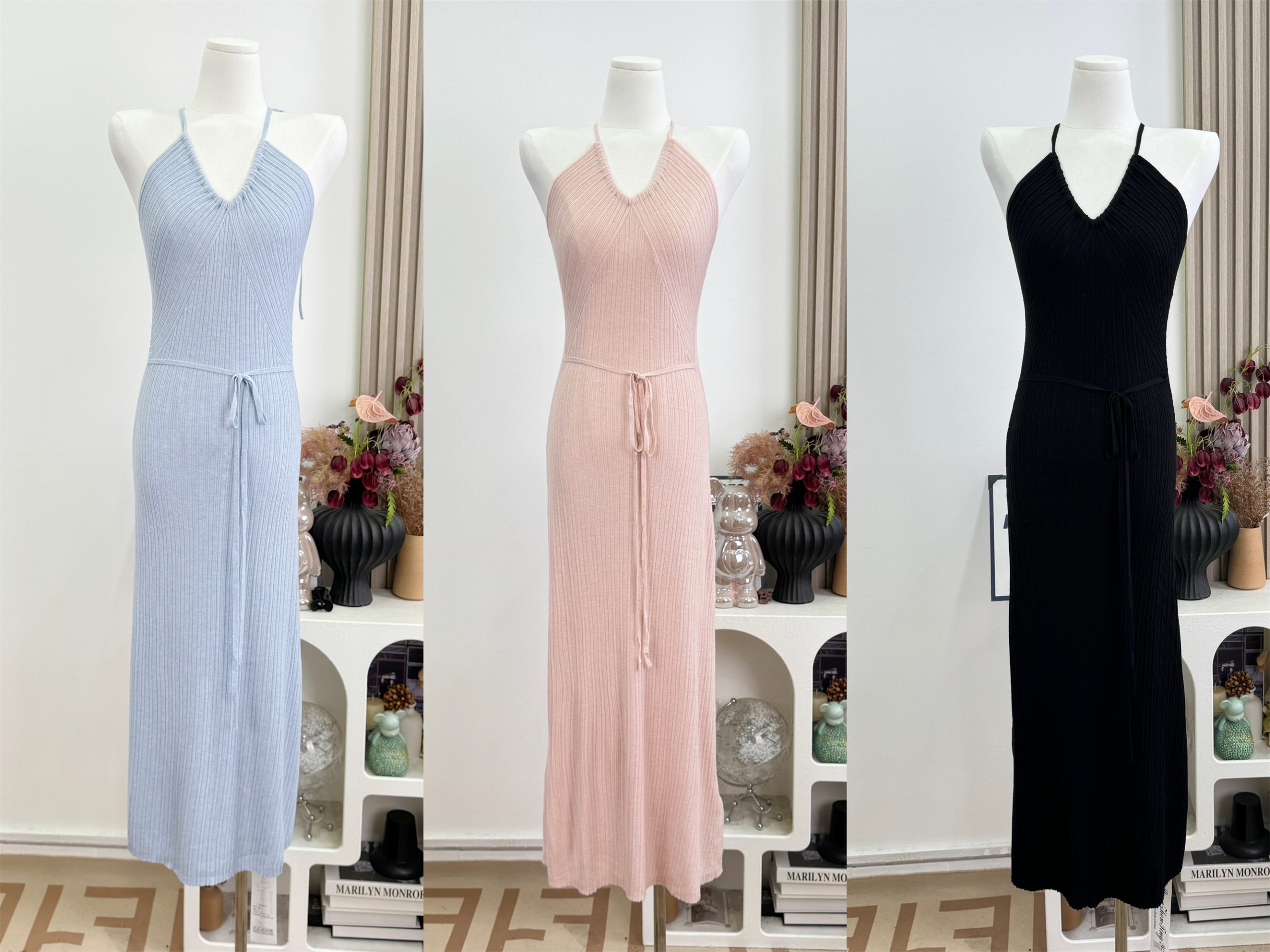 DFAY Three-Color Extended Knit Tencel Wool Halter Long Dress for Women Summer