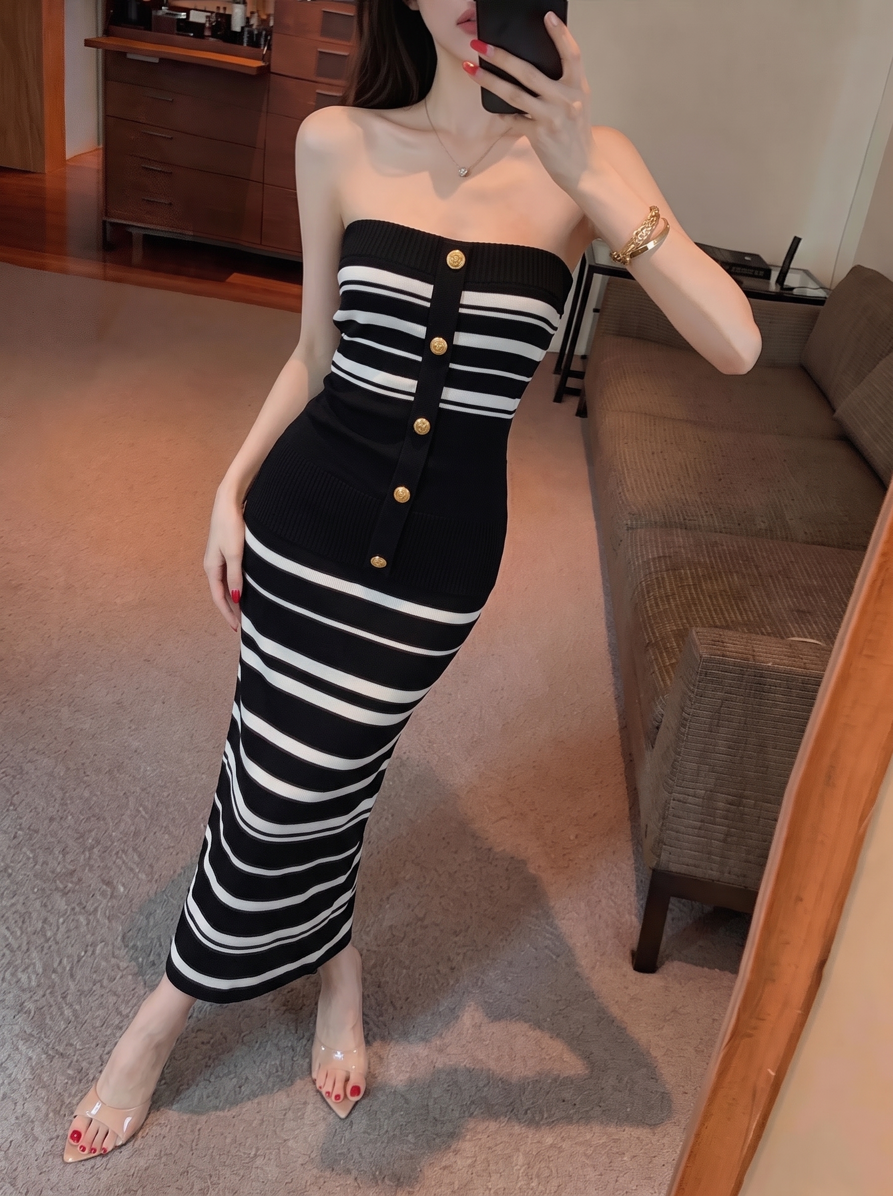 Long Striped Knit Waist-Cinching Dress Women Summer New Slimming Off-Shoulder Elegant Dress - Image 4