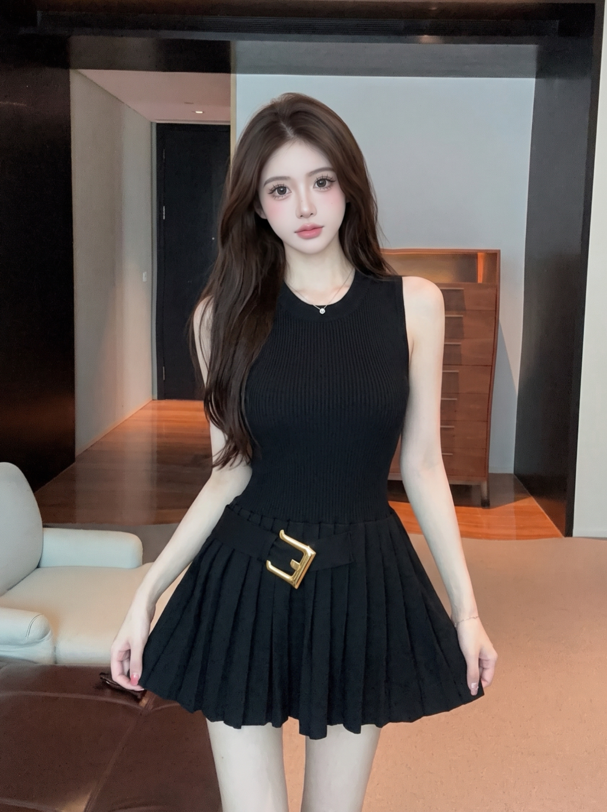 Pleated Sleeveless Dress with Round Neck and Cinched Waist - Image 2