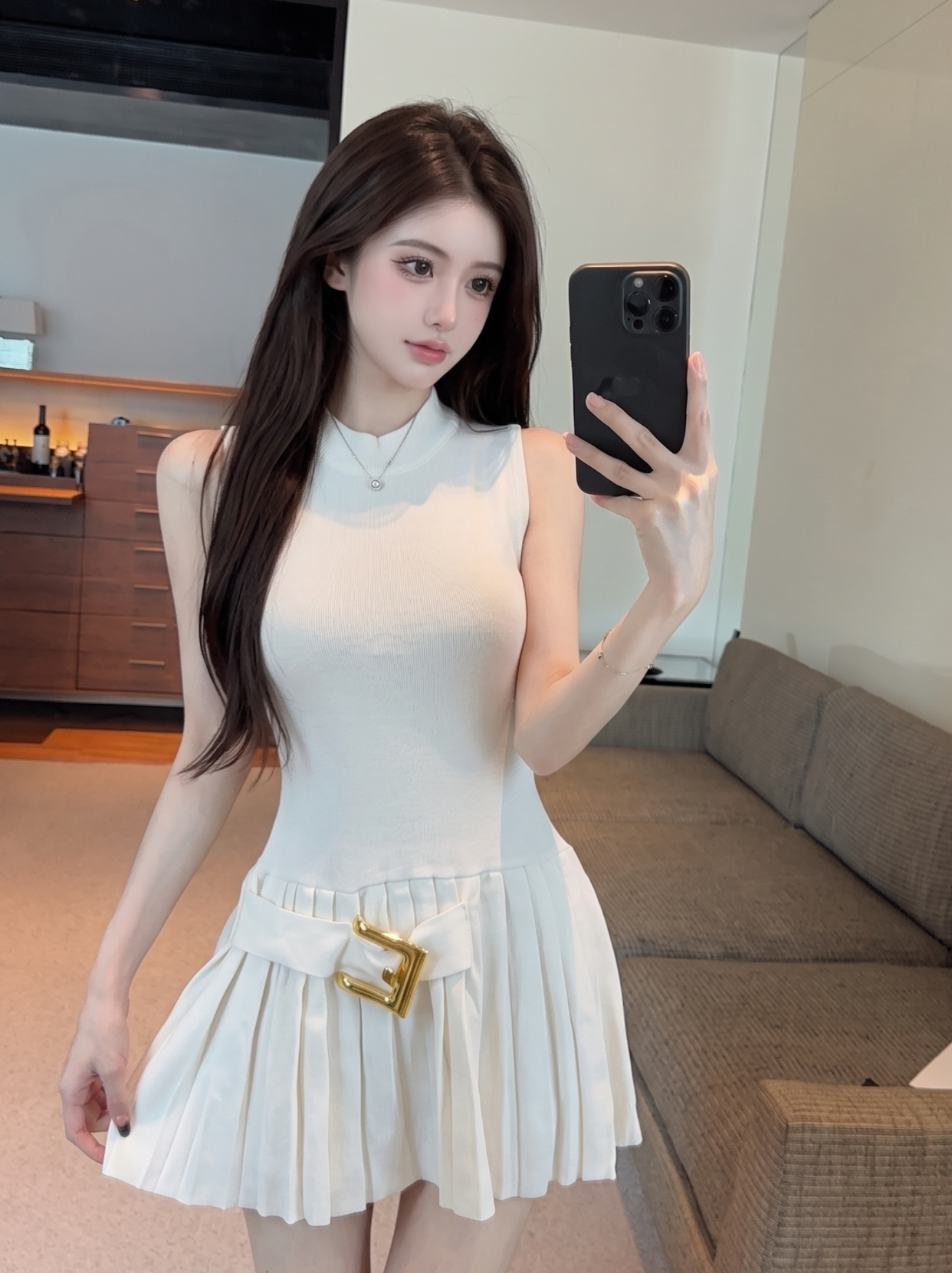 Pleated Sleeveless Dress with Round Neck and Cinched Waist