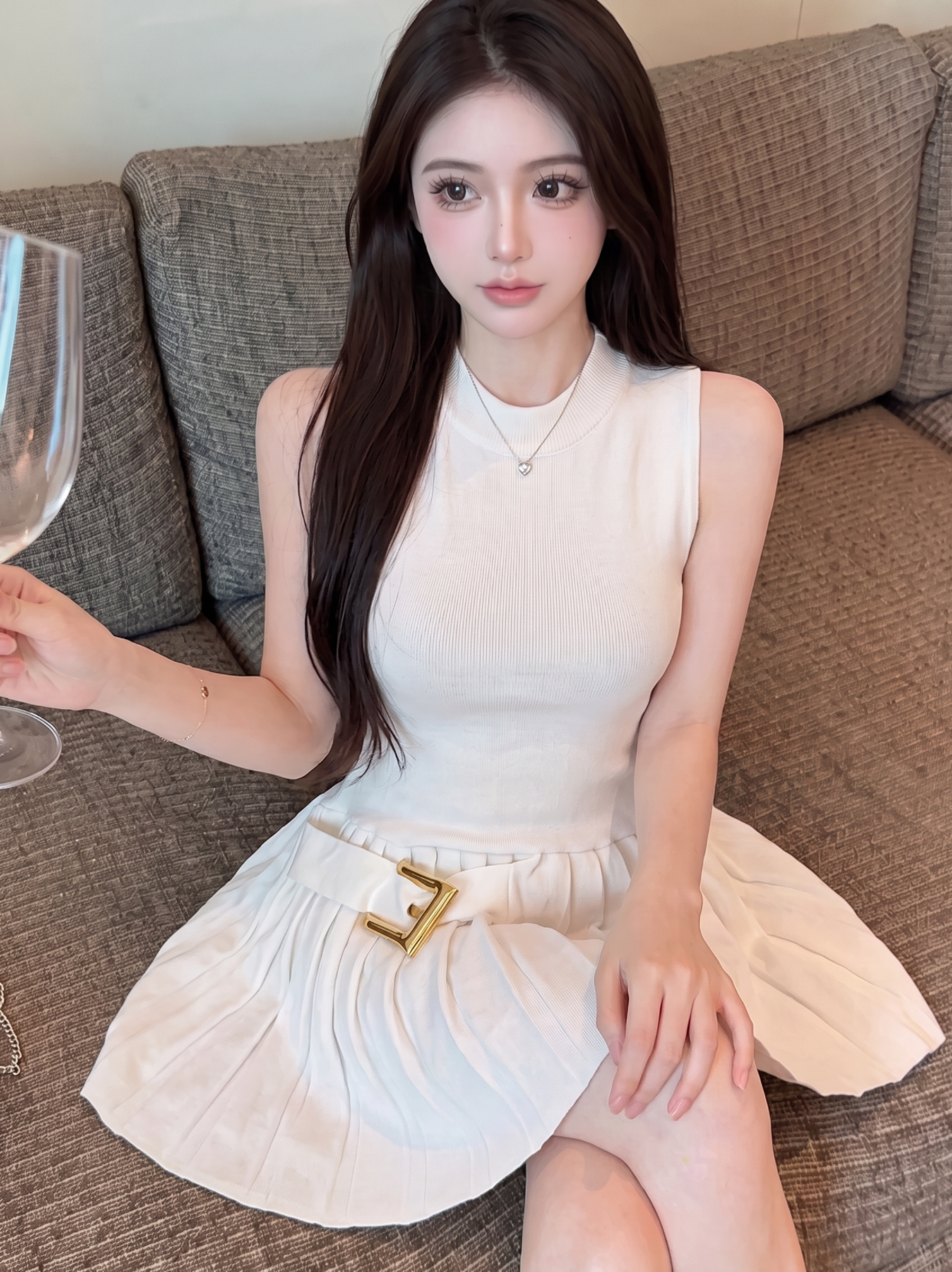 Pleated Sleeveless Dress with Round Neck and Cinched Waist - Image 3
