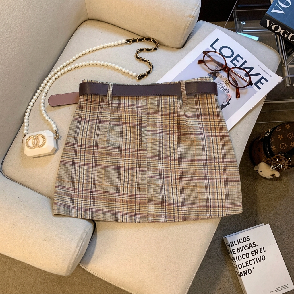 Letter Patch Plaid High Waist Slimming A-Line Mini Skirt with Belt - Image 5