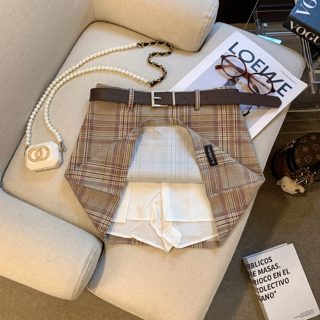 Letter Patch Plaid High Waist Slimming A-Line Mini Skirt with Belt - Image 2