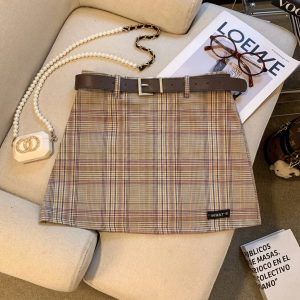 Letter Patch Plaid High Waist Slimming A-Line Mini Skirt with Belt