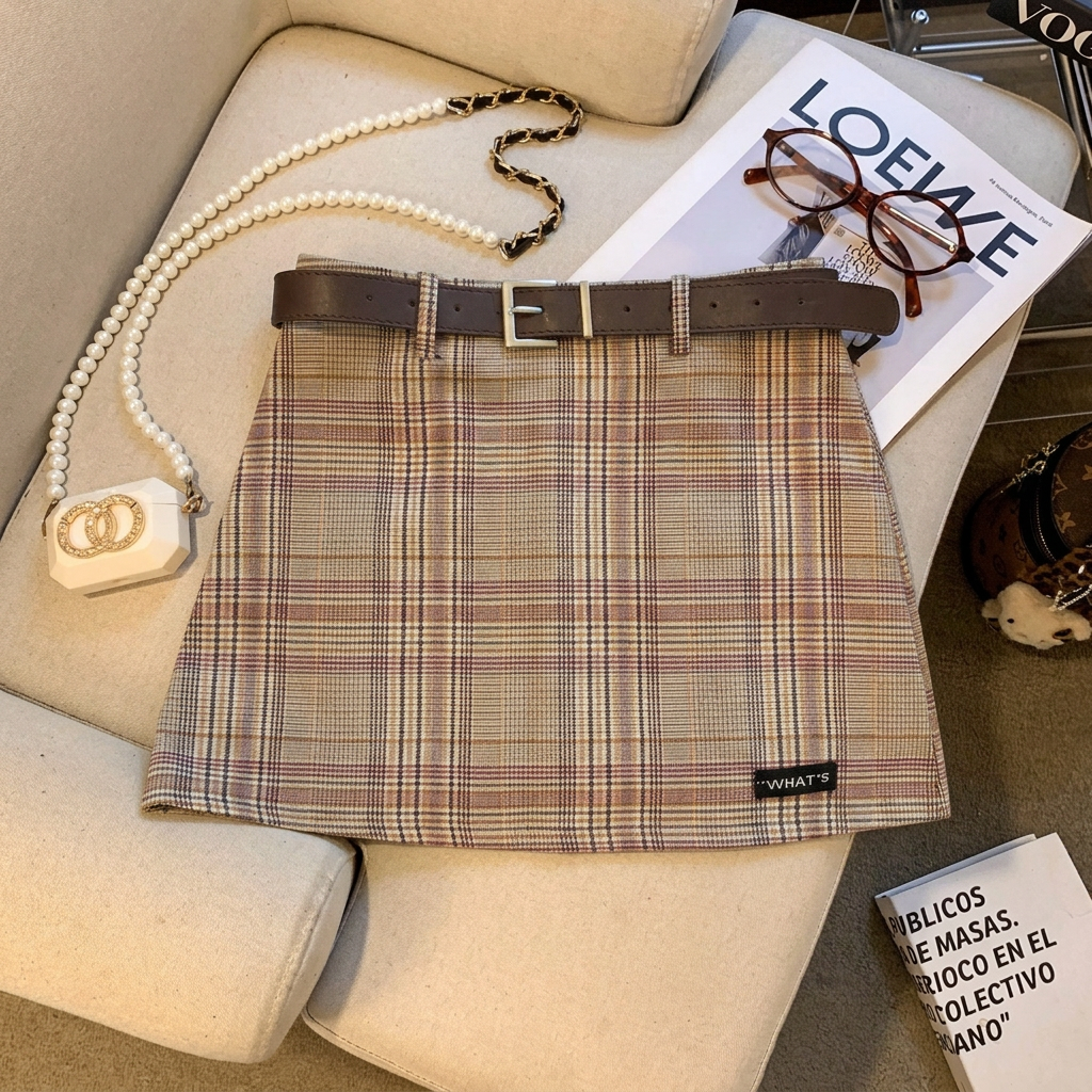 Letter Patch Plaid High Waist Slimming A-Line Mini Skirt with Belt