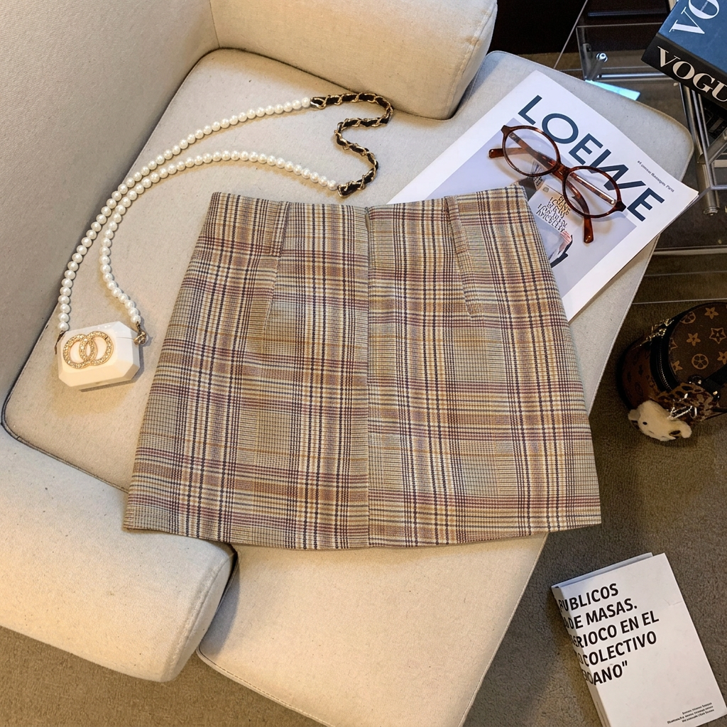 Letter Patch Plaid High Waist Slimming A-Line Mini Skirt with Belt - Image 3