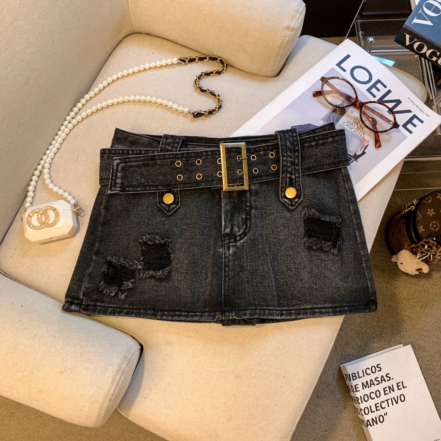 Women's High Waist A-Line Denim Mini Skirt with Pockets and Belt Detail - Image 2