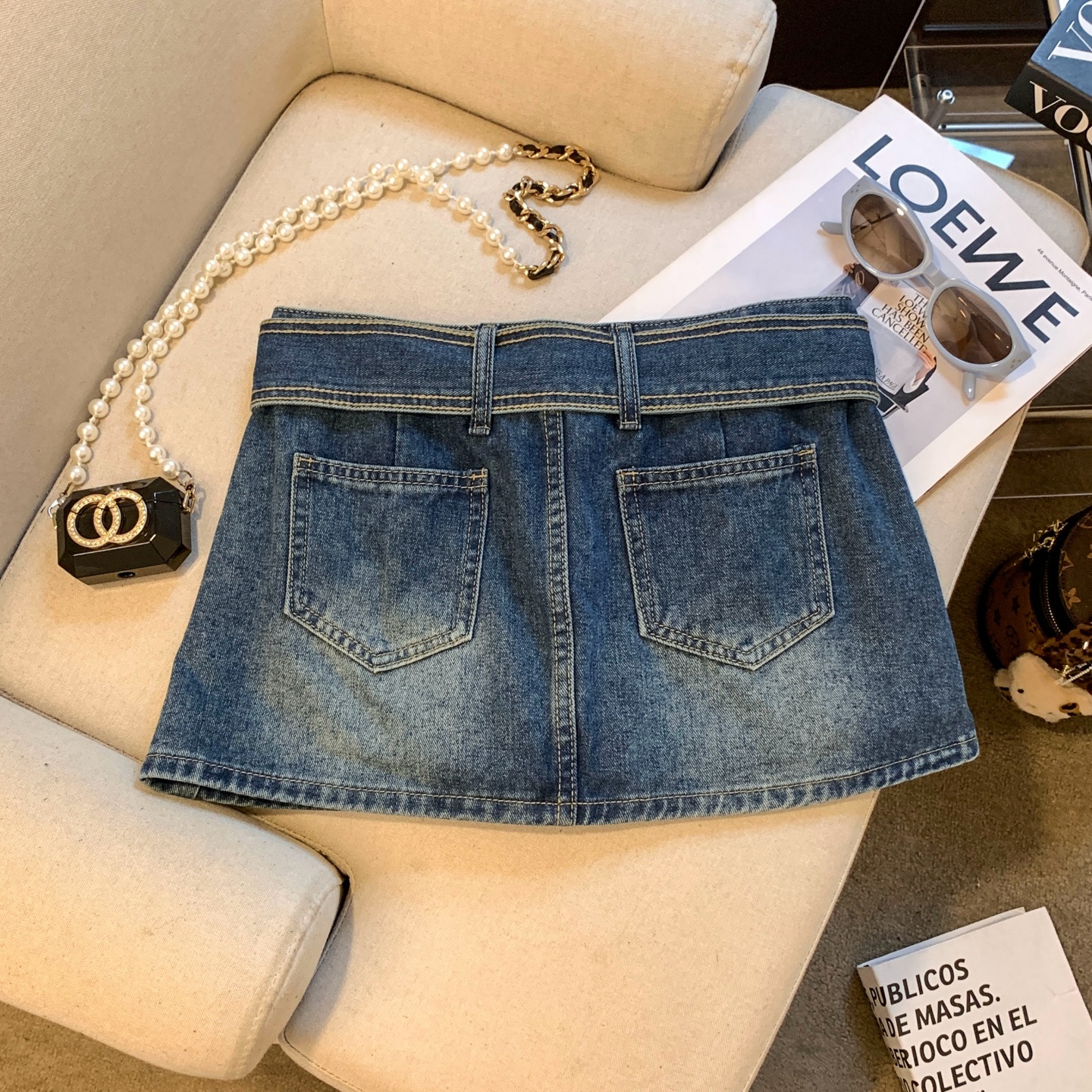 Women's High Waist A-Line Denim Mini Skirt with Pockets and Belt Detail - Image 5