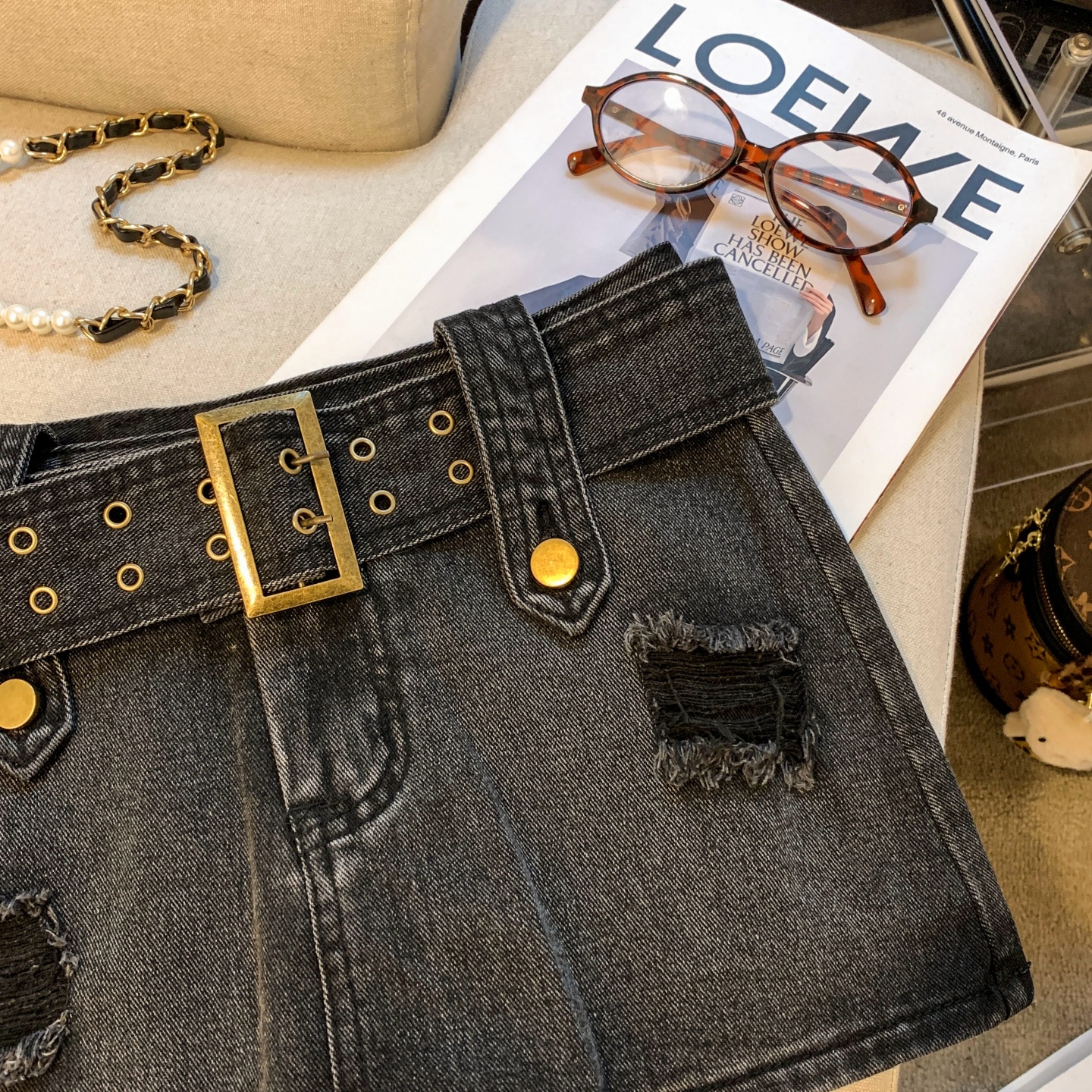 Women's High Waist A-Line Denim Mini Skirt with Pockets and Belt Detail - Image 4