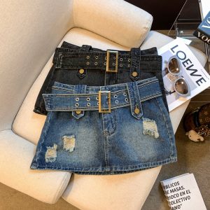 Women's High Waist A-Line Denim Mini Skirt with Pockets and Belt Detail