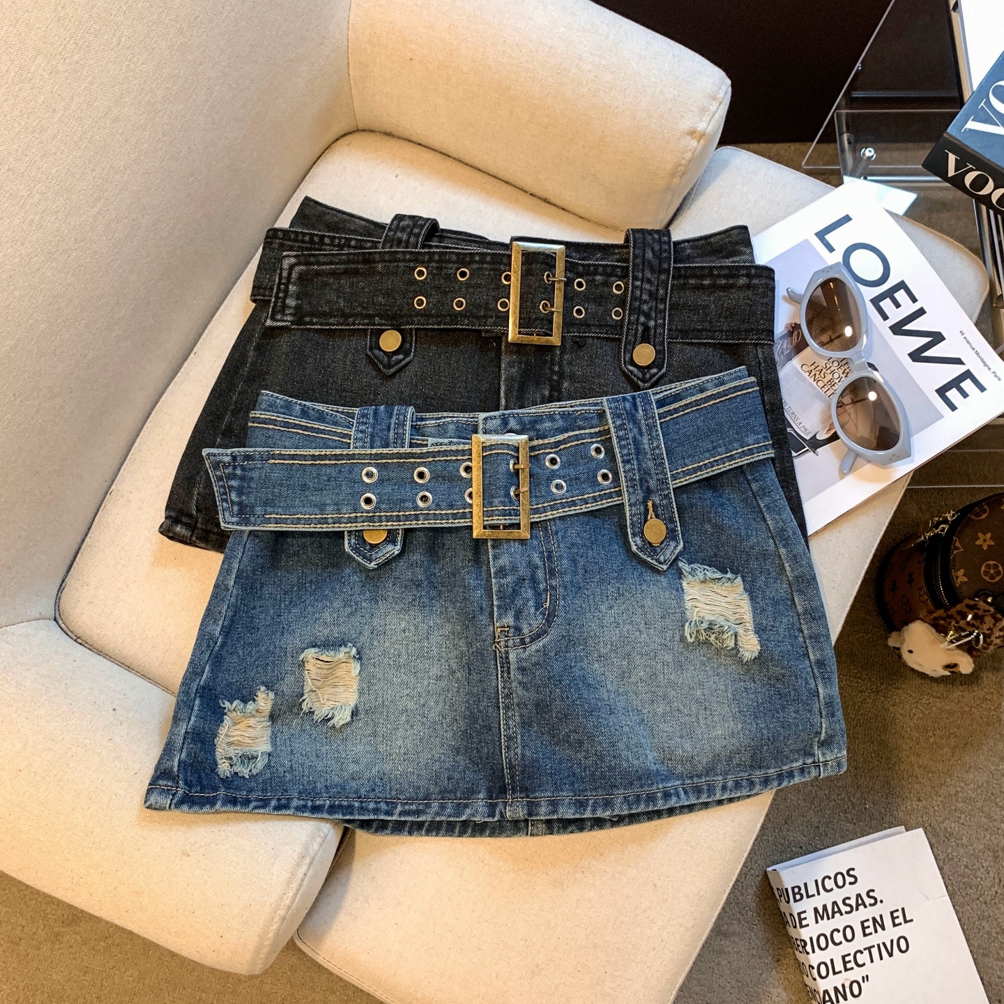 Women's High Waist A-Line Denim Mini Skirt with Pockets and Belt Detail