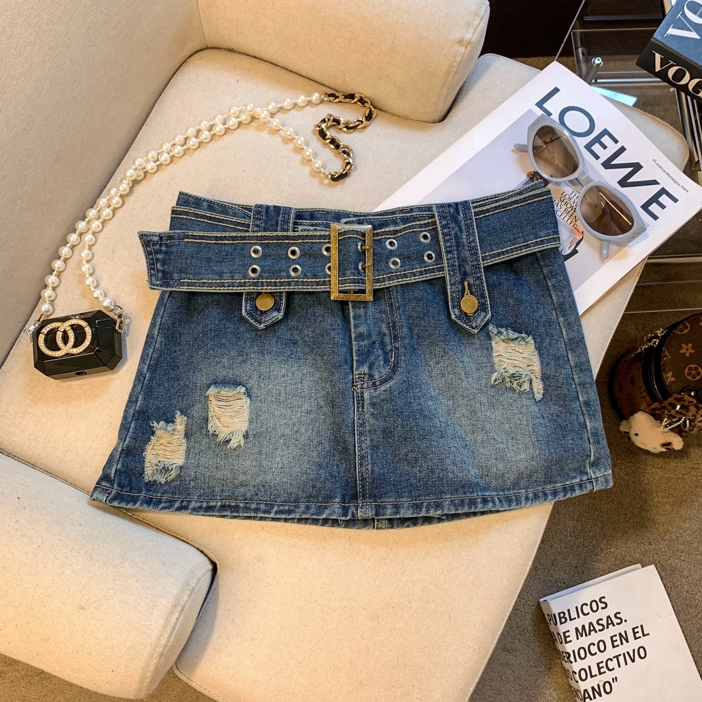 Women's High Waist A-Line Denim Mini Skirt with Pockets and Belt Detail - Image 3