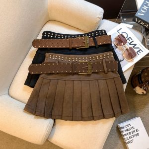 Women's High Waist Pleated A-Line Mini Skirt with Belt Rivet Detail Retro Style