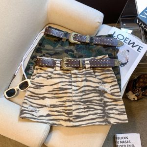 American Retro Leopard Print Denim Skirt for Women Summer High Waist A-Line Bodycon Short Skirt