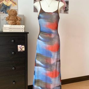 Pure Desire Style Floral Spliced Sleeveless Mesh Cami Dress Pleated Waist Midi