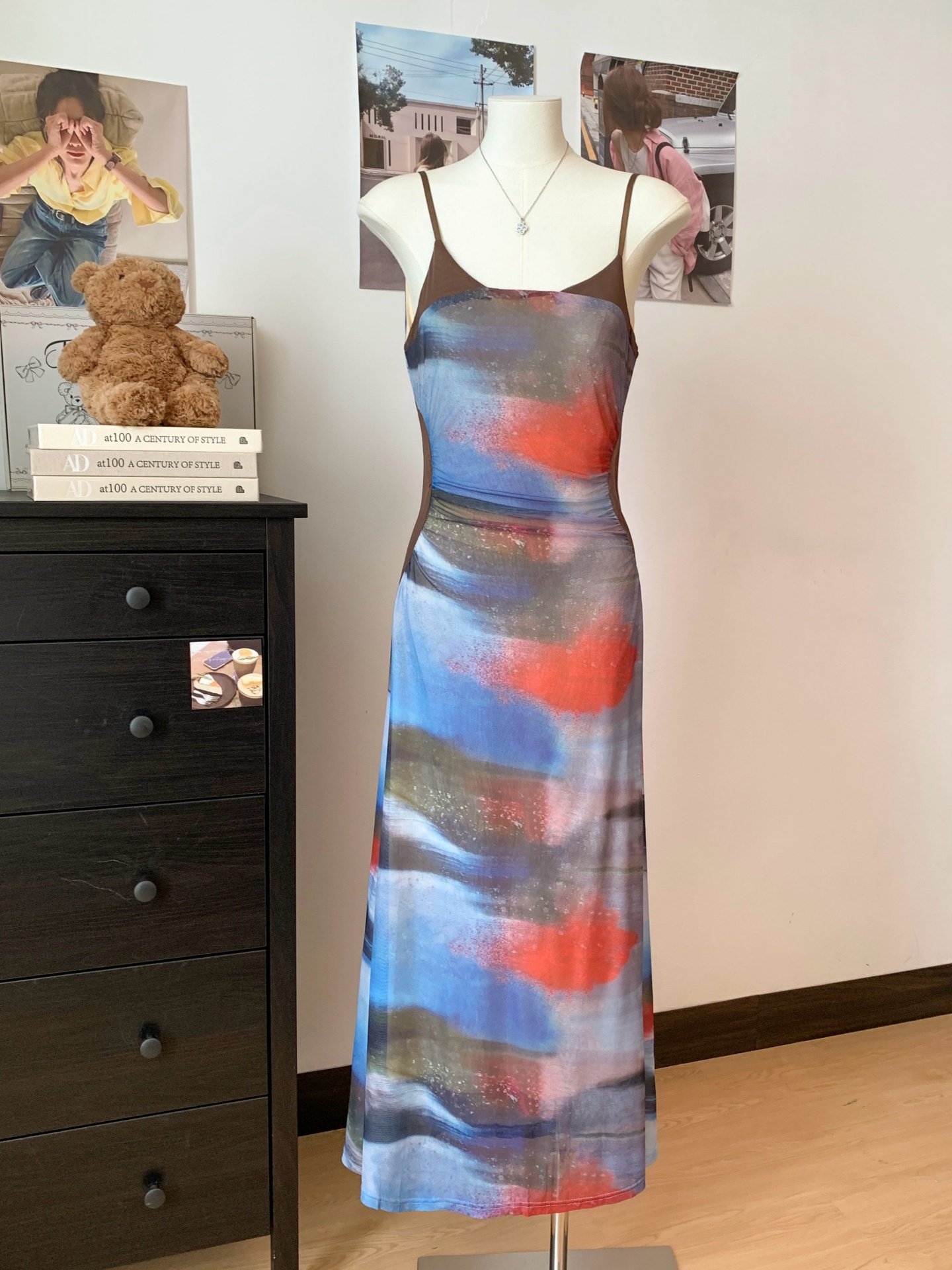 Pure Desire Style Floral Spliced Sleeveless Mesh Cami Dress Pleated Waist Midi