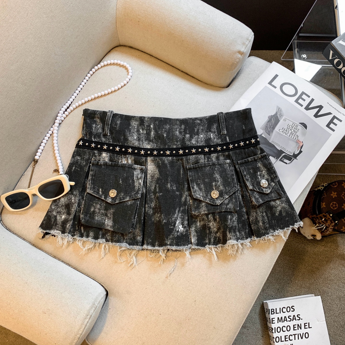 Women's A-Line Mini Skirt with Studs and Frayed Trim - Image 4