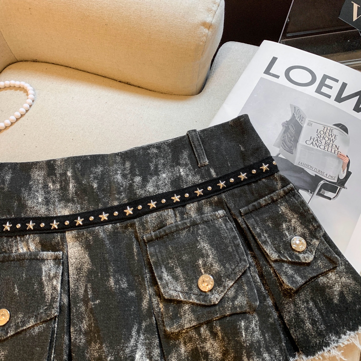 Women's A-Line Mini Skirt with Studs and Frayed Trim - Image 3