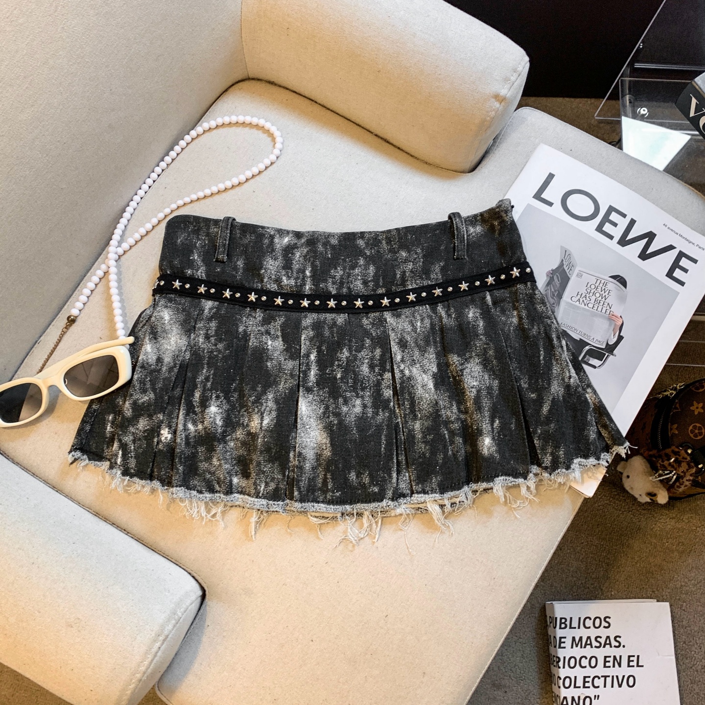 Women's A-Line Mini Skirt with Studs and Frayed Trim - Image 5