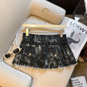 Women's A-Line Mini Skirt with Studs and Frayed Trim