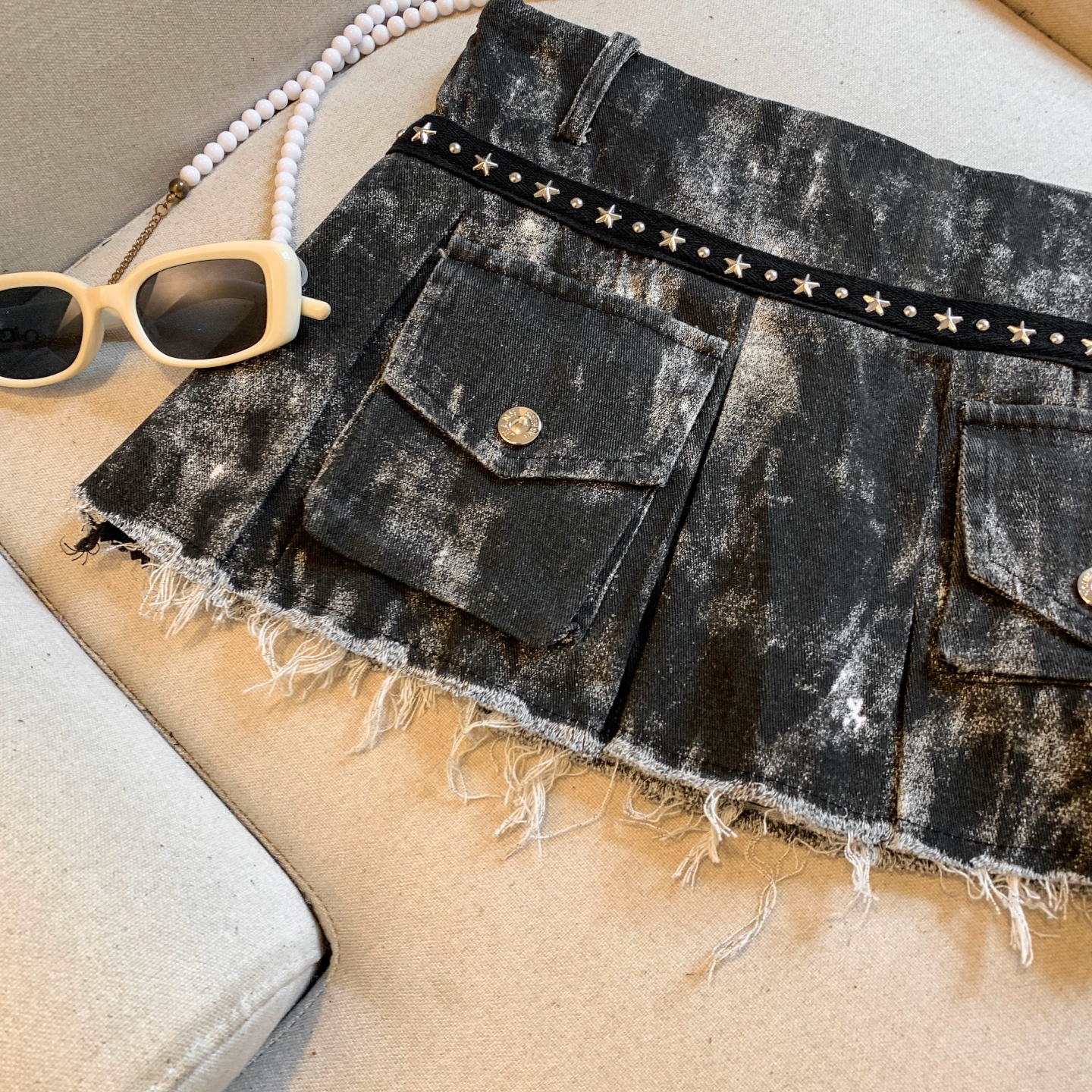 Women's A-Line Mini Skirt with Studs and Frayed Trim - Image 2