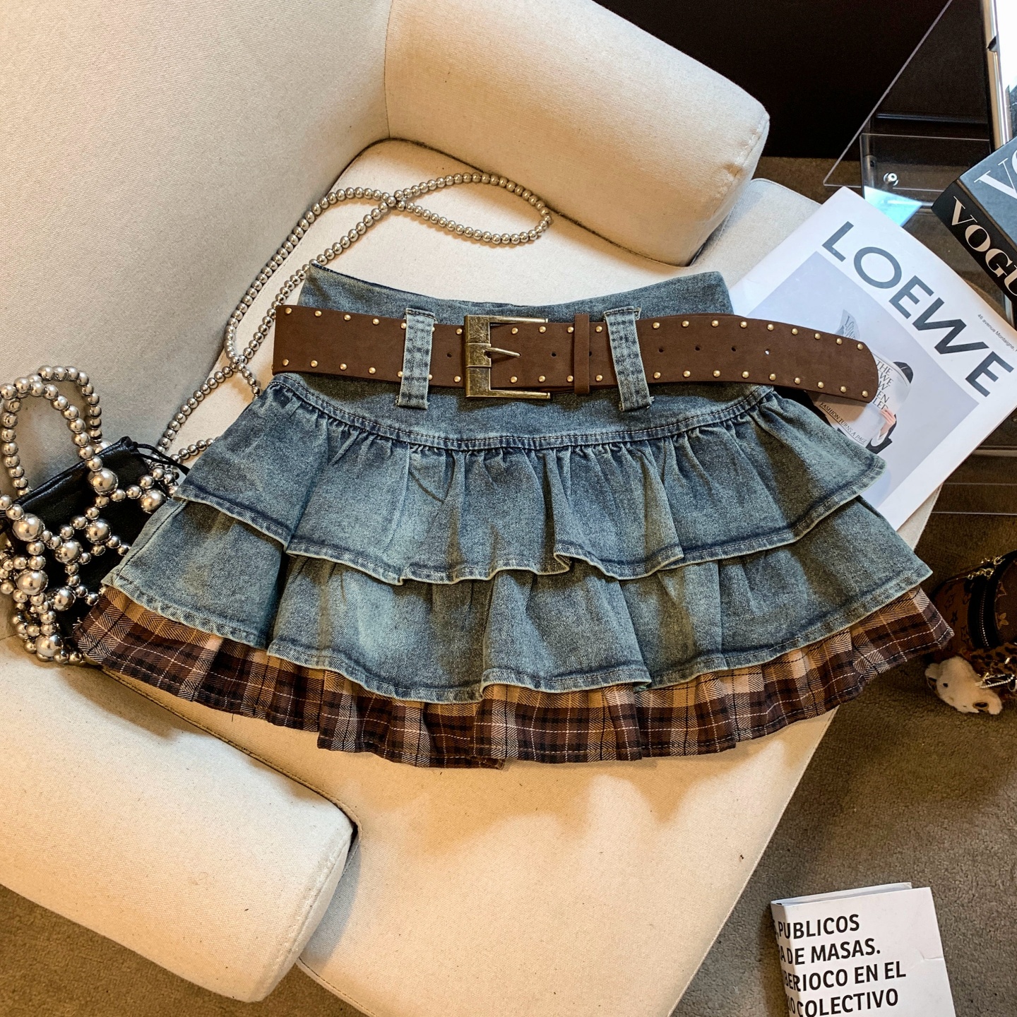 2026 Early Autumn Denim Ruffle Tiered A-Line Mini Skirt for Women with Belt - Image 3