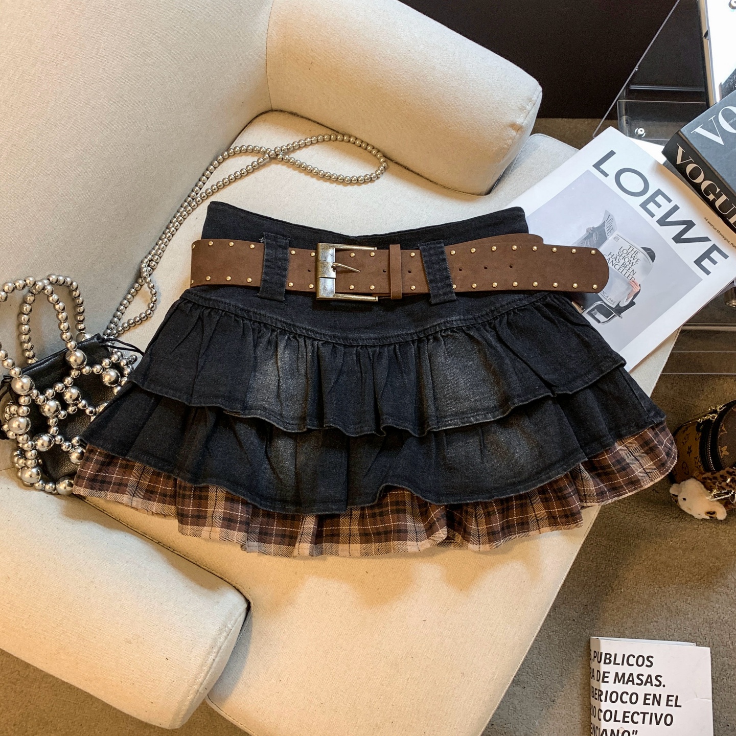 2026 Early Autumn Denim Ruffle Tiered A-Line Mini Skirt for Women with Belt - Image 2