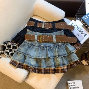 2026 Early Autumn Denim Ruffle Tiered A-Line Mini Skirt for Women with Belt