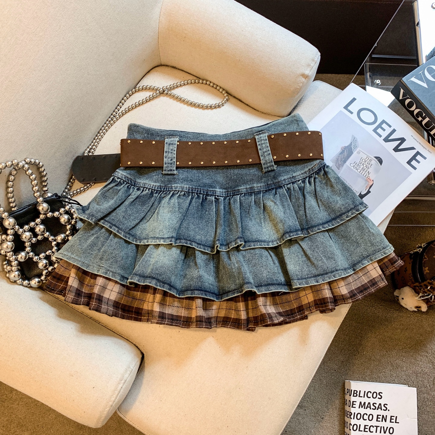 2026 Early Autumn Denim Ruffle Tiered A-Line Mini Skirt for Women with Belt - Image 5