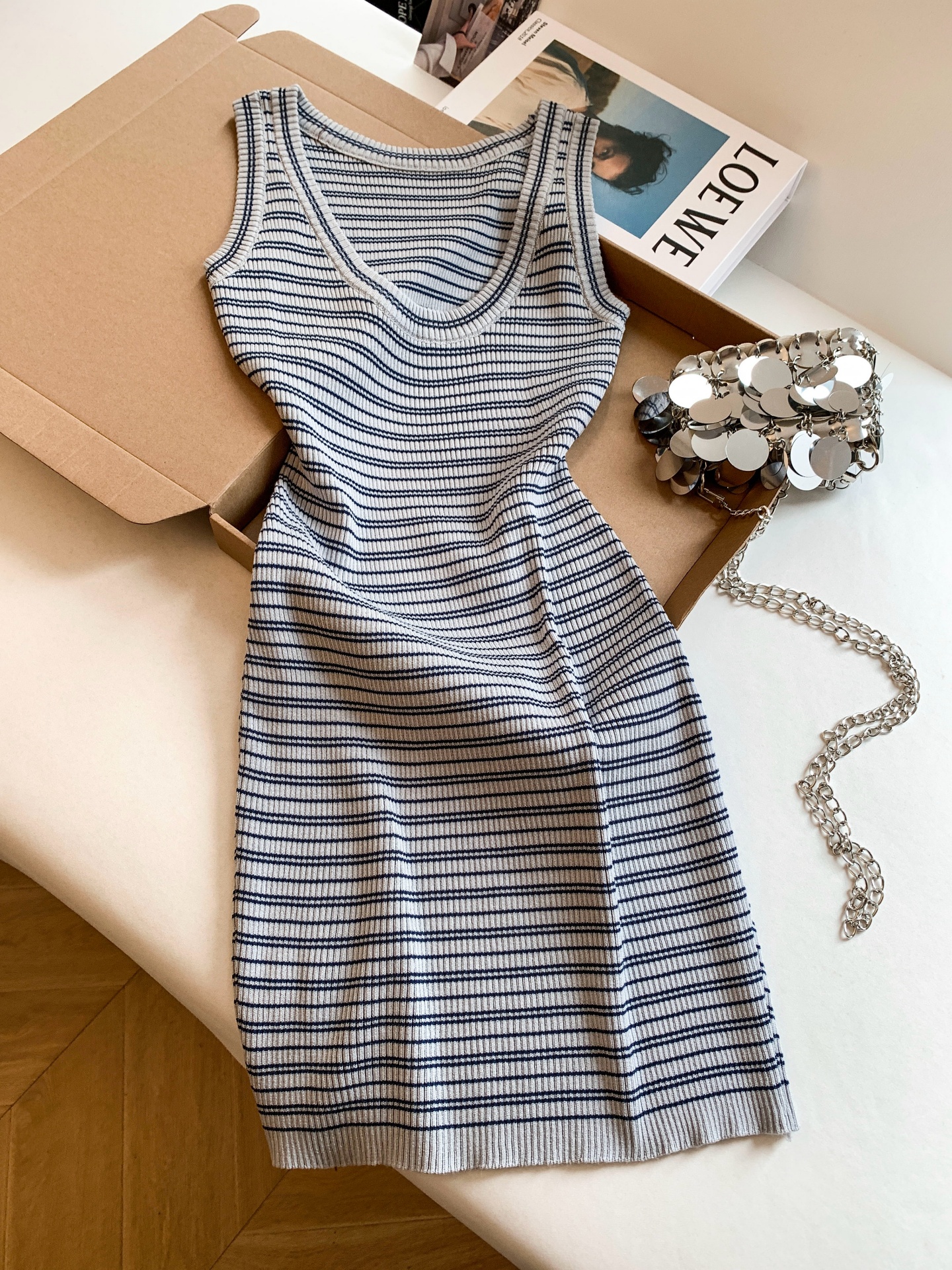 Sexy U-Neck Striped Knit Bodycon Dress for Women Summer Waist-Slimming Short Dress - Image 2