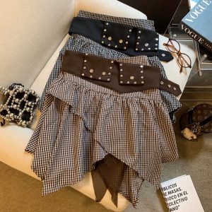 Punk Studded Plaid High Waist Asymmetric A-Line Skirt for Women Summer