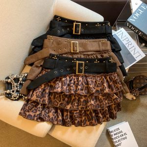 Leopard Print A-Line Mini Skirt Women High Waist Tiered Cake Skirt
