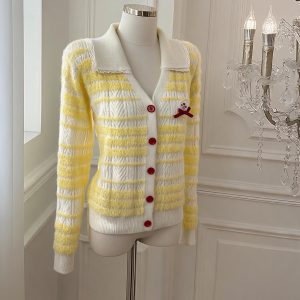 Women's Cable Knit Striped Color Block Cardigan 2026 Fall Winter Sweet Casual Top