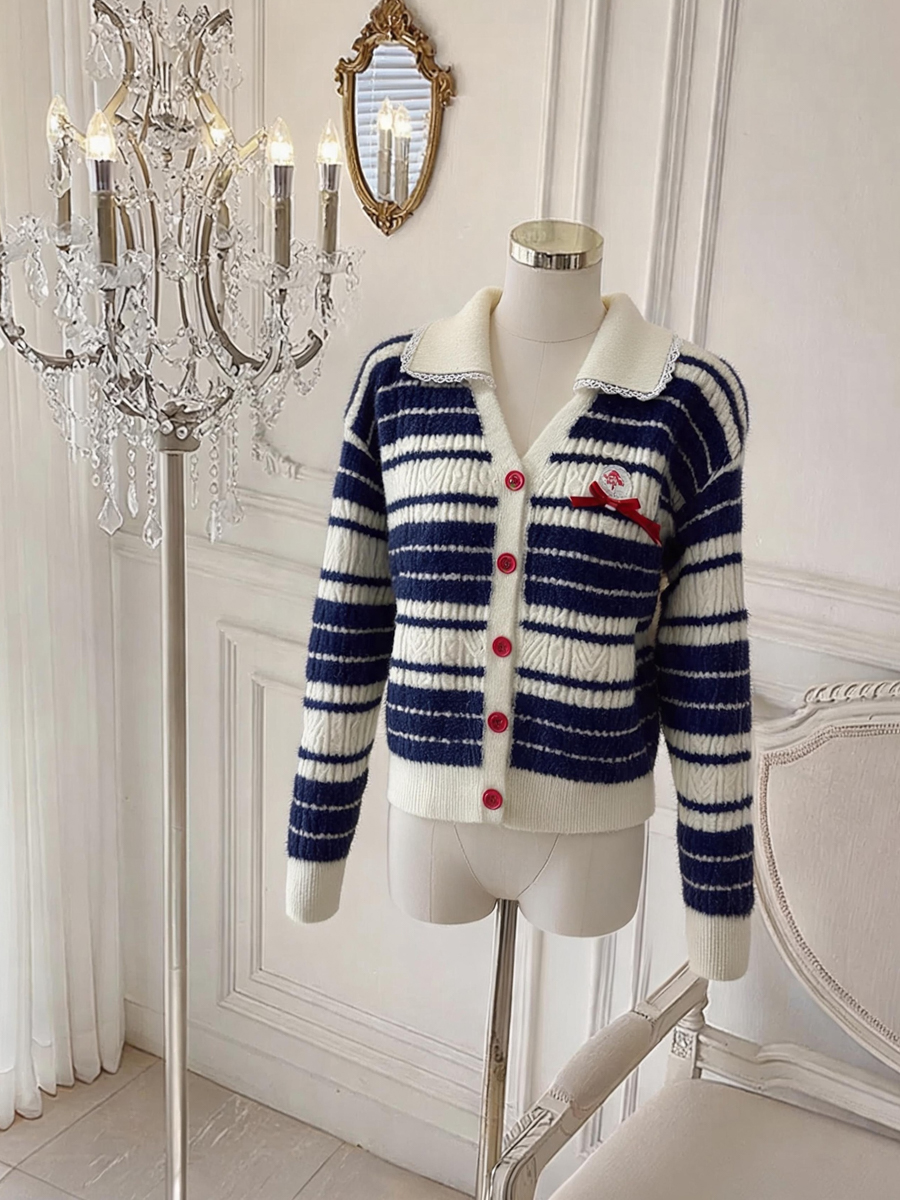 Women's Cable Knit Striped Color Block Cardigan Sweater - Style 667d58 - Image 2
