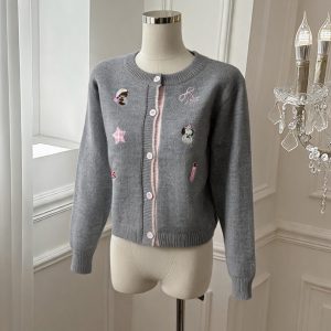 Korean Embroidered Wool Cardigan Women Loose Soft Knit Outerwear - Style 39159d