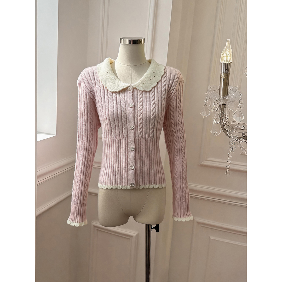 Women's Sweet Doll Collar Cable Knit Cardigan Long Sleeve Top - Style 3917c6 - Image 5