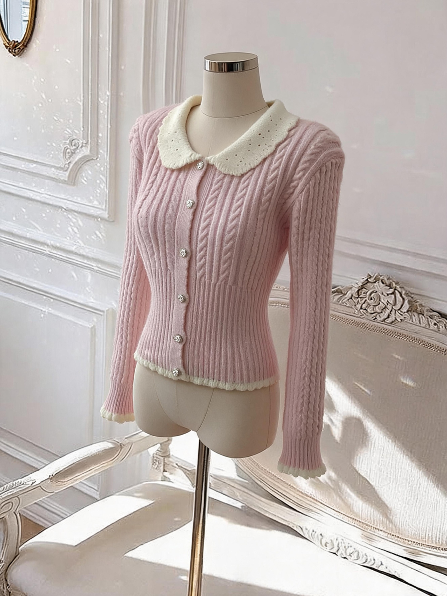Women's Sweet Doll Collar Cable Knit Cardigan Long Sleeve Top - Style 3917c6 - Image 2