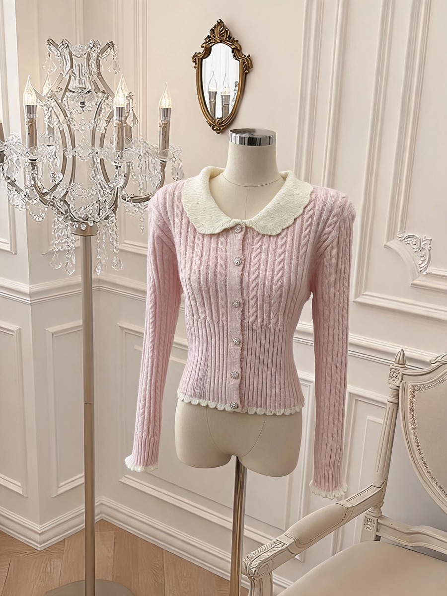 Women's Sweet Doll Collar Cable Knit Cardigan Long Sleeve Top - Style 3917c6 - Image 4
