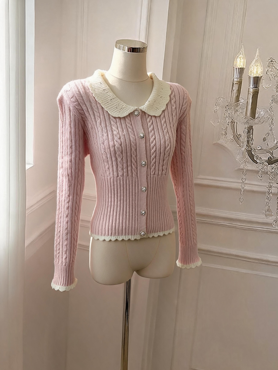 Women's Sweet Doll Collar Cable Knit Cardigan Long Sleeve Top - Style 3917c6 - Image 3