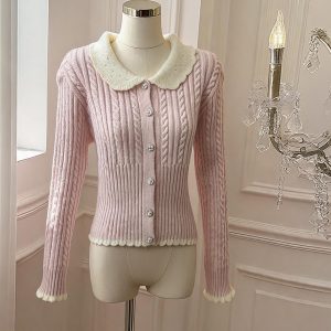 Women's Sweet Doll Collar Cable Knit Cardigan Long Sleeve Top - Style 3917c6