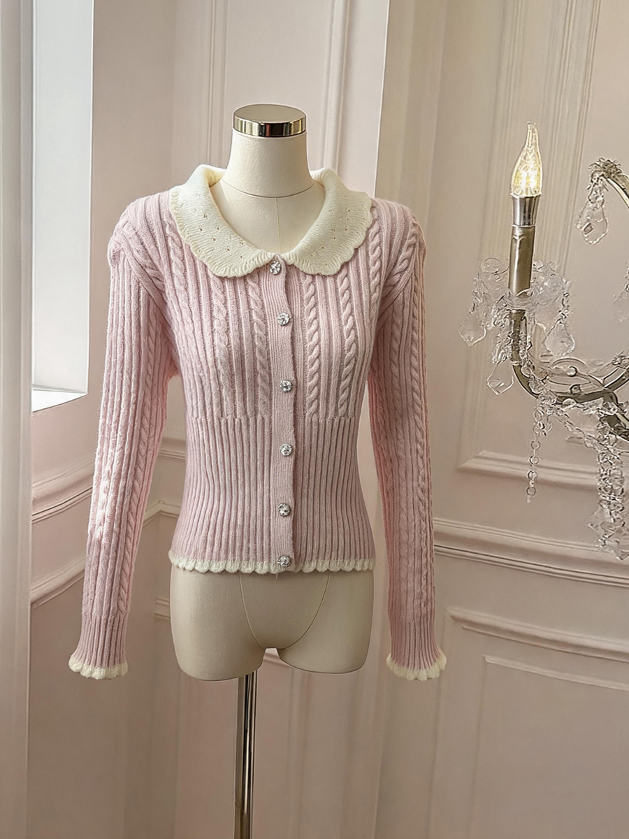 Women's Sweet Doll Collar Cable Knit Cardigan Long Sleeve Top - Style 3917c6