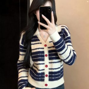 Women's Cable Knit Striped Color Block Cardigan Sweater 2026 Fall Winter
