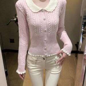 Women's Sweet Doll Collar Cable Knit Cardigan Long Sleeve Top - Style 3c36ef