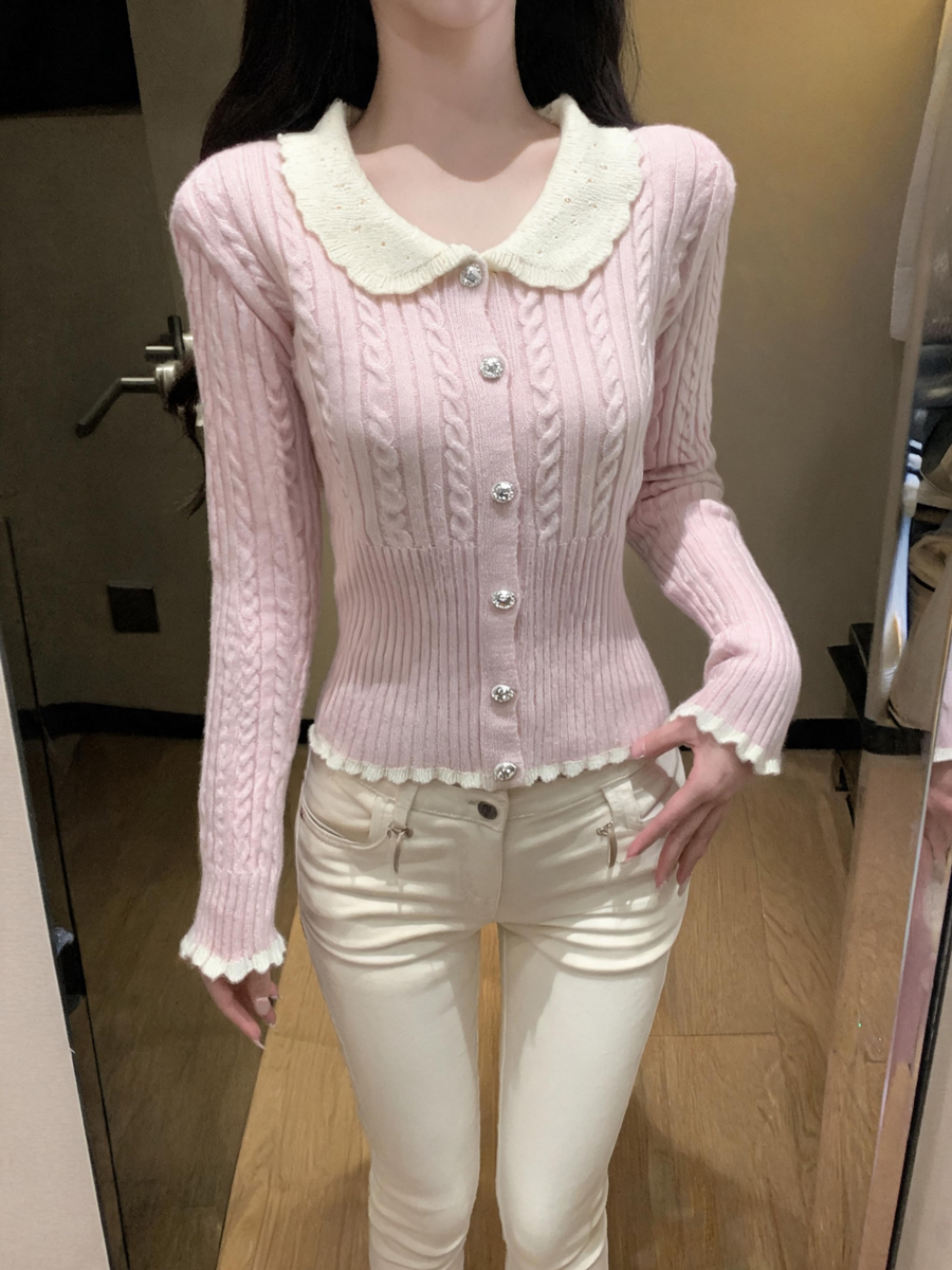 Women's Sweet Doll Collar Cable Knit Cardigan Long Sleeve Top - Style 3c36ef