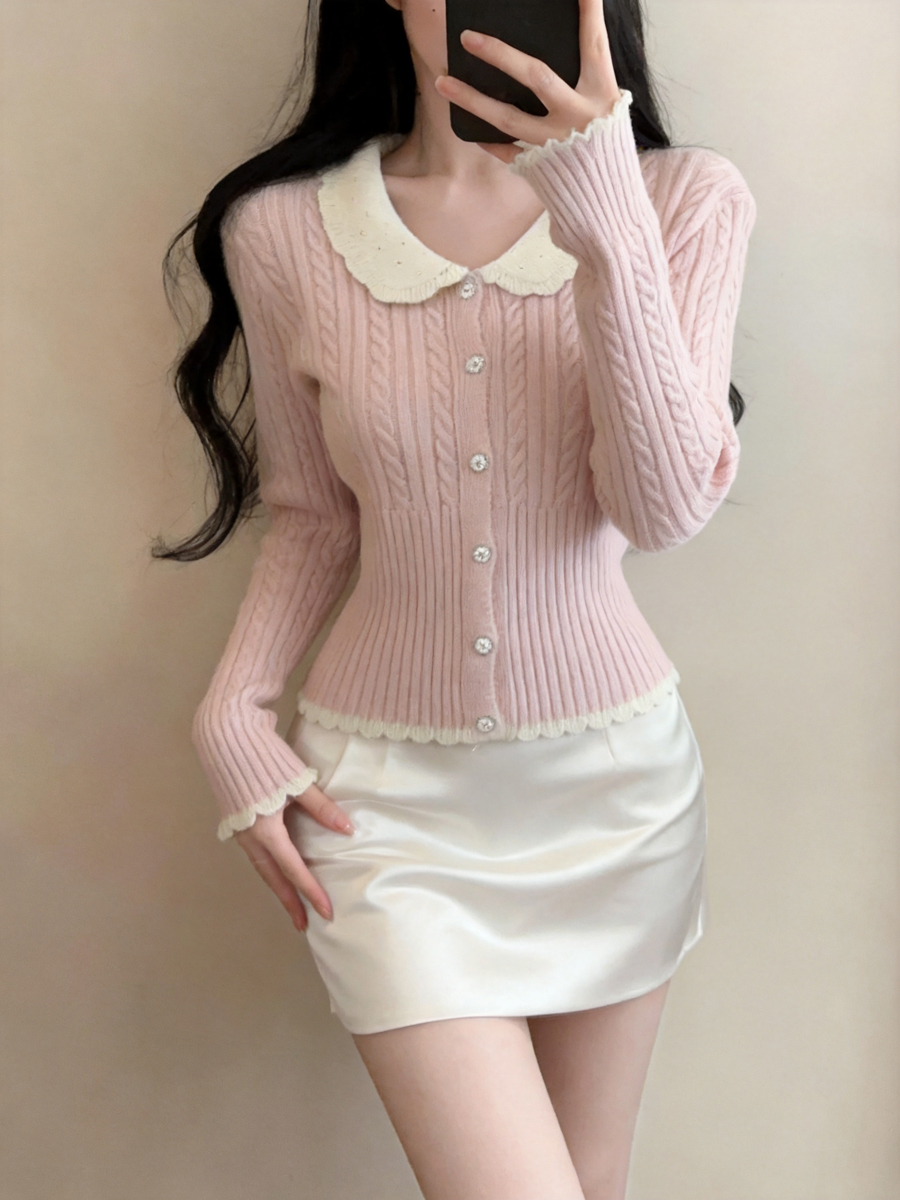 Women's Sweet Doll Collar Cable Knit Cardigan Long Sleeve Top - Style 3c36ef - Image 4